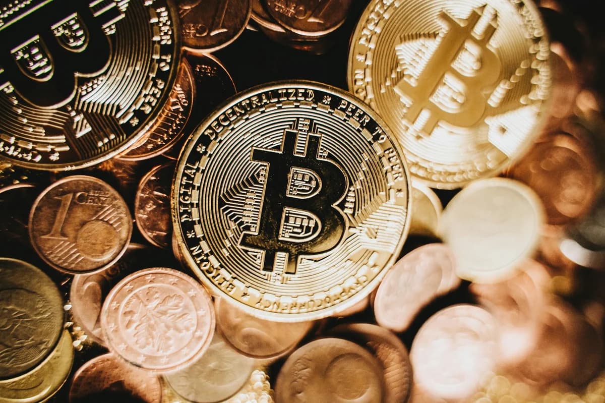 Detailed close-up of bitcoin and euro coins representing cryptocurrency and traditional money in Erfurt.