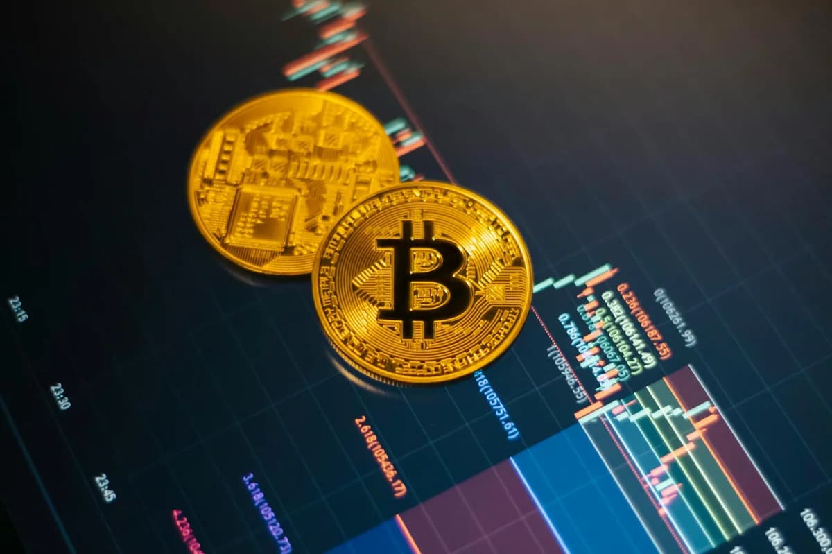 Golden mug with 'Bitcoin Millionaire' text in front of stock market charts on laptop screen.