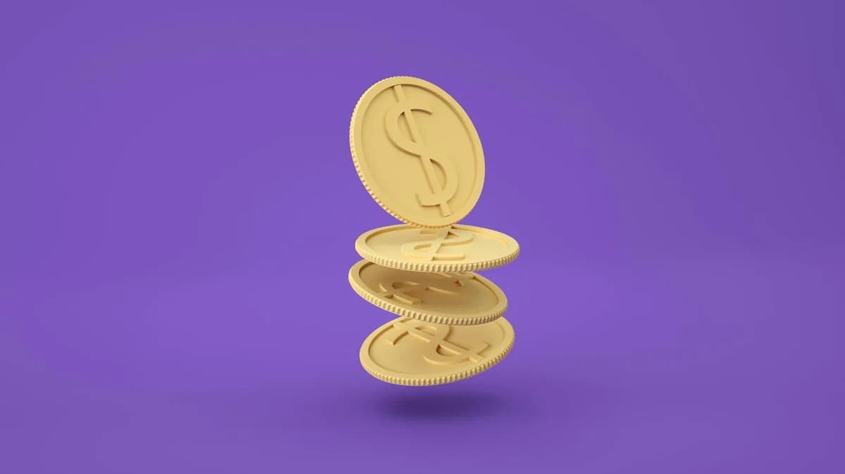 A 3D rendering of golden coins stacked with a purple background, representing finance and wealth.