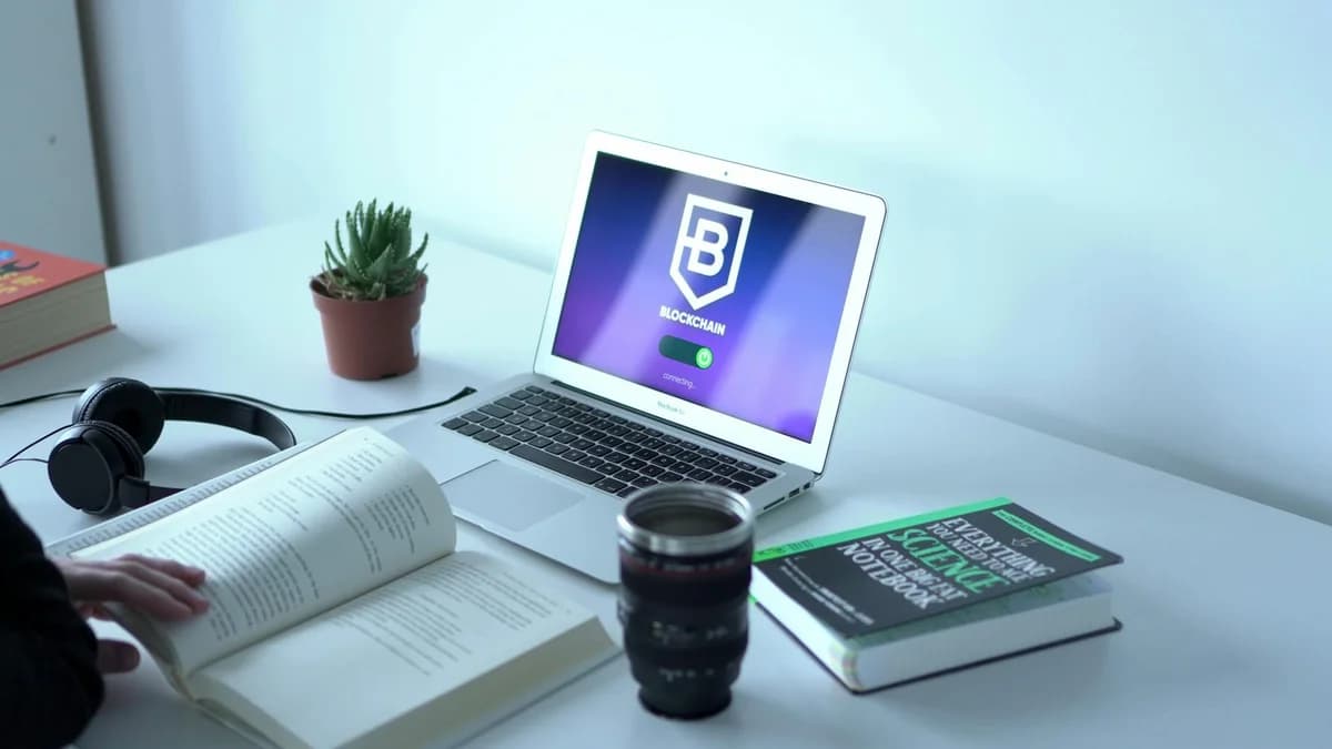 Tablet displaying a blockchain app interface with US dollars, books, and coffee on a white table.