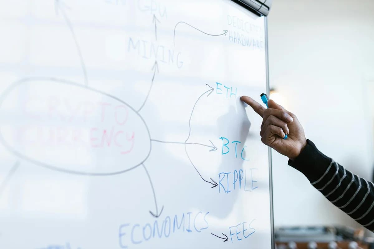 Hand writing cryptocurrency concepts on whiteboard in business meeting.
