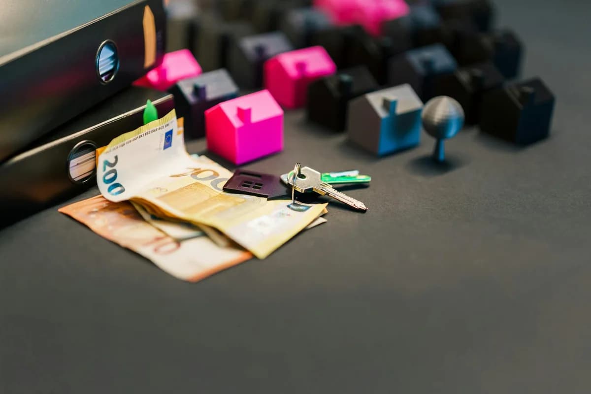 Flat lay of a house key on Euro bills representing real estate investment and finance.