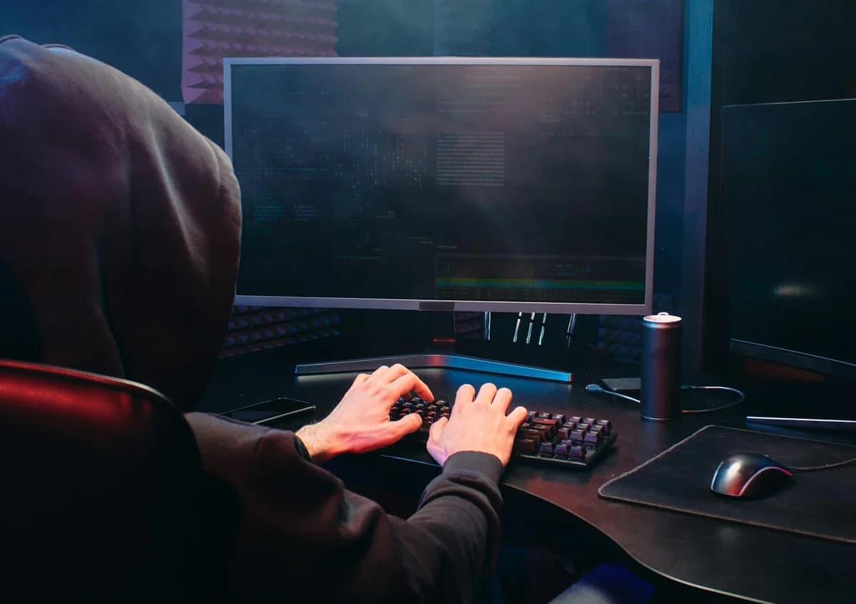 A person in a hoodie sits at a computer screen, engaged in coding or hacking activities.