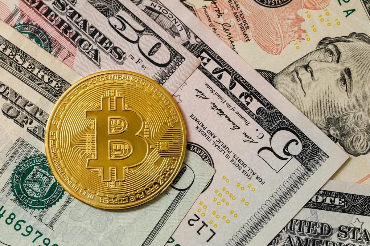 Bitcoin coin resting on a background of various US dollar bills, symbolizing the contrast between traditional and digital currency.