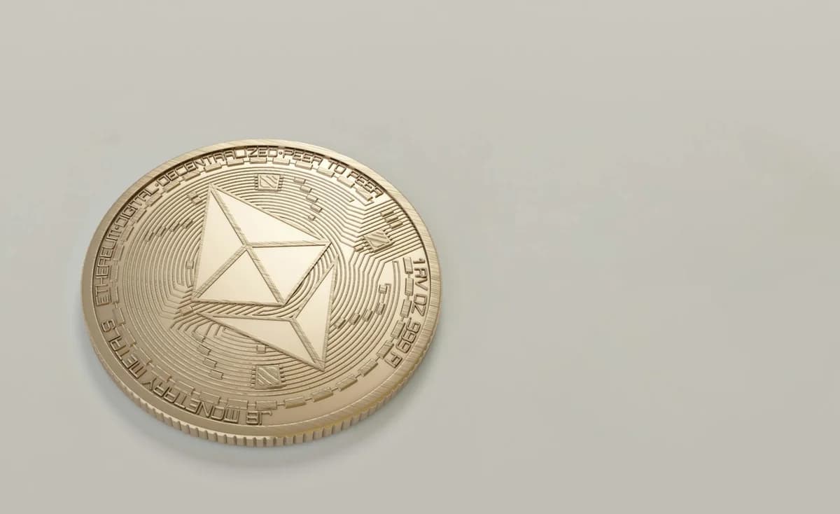 Stacked Ethereum coins with upward arrow indicating growth in digital currency market.