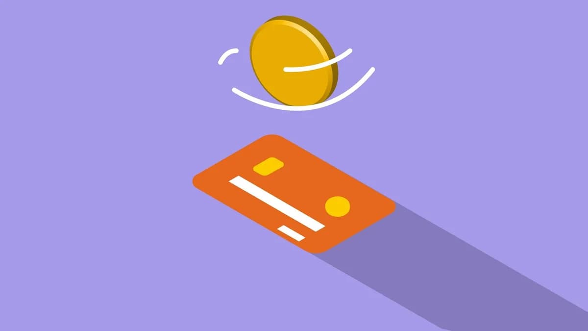 Creative graphic illustration of golden coin spinning above credit card on violet background