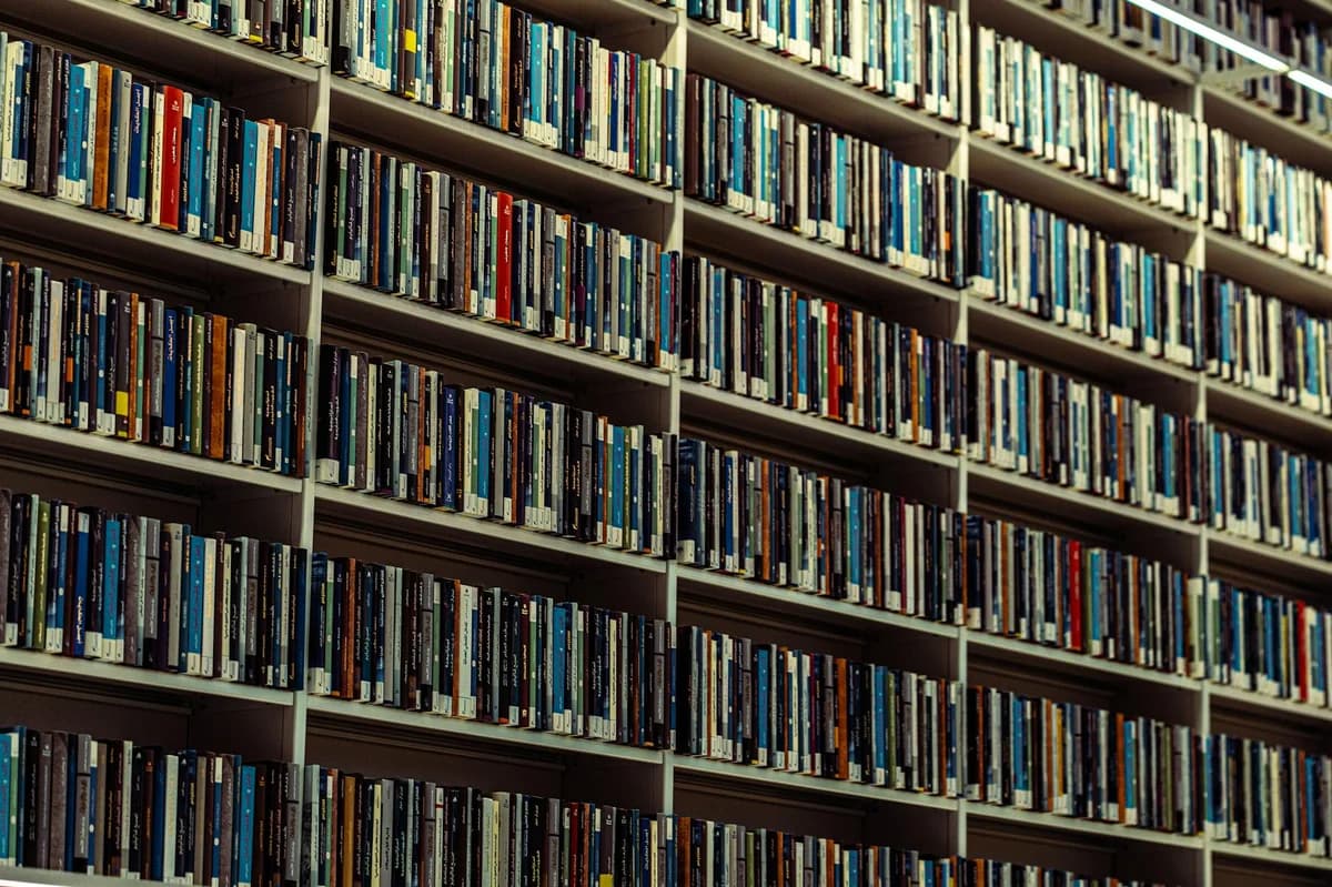 Wide angle view of well-organized library shelves filled with numerous books in Dubai.