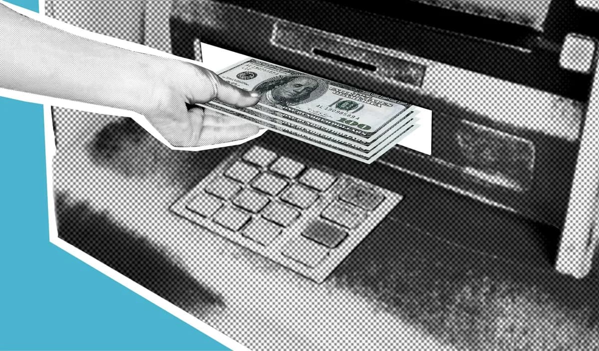 Woman smiling while using a CoinCloud cryptocurrency ATM indoors.