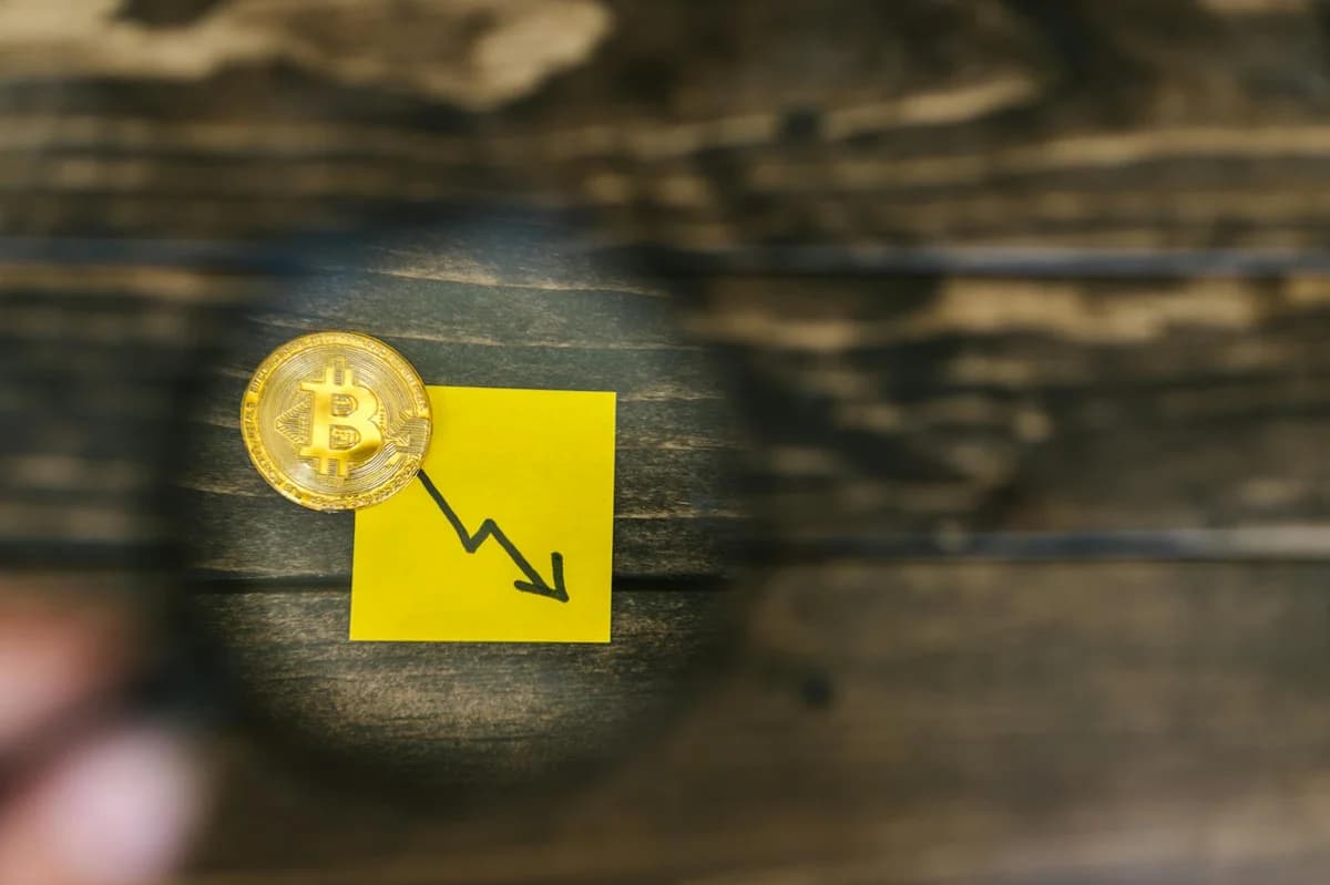 Close-up of Ethereum cryptocurrency with red downward arrow, symbolizing market decline.