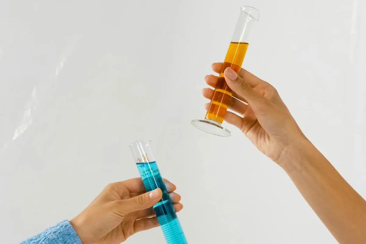 Close-up of hands holding graduated cylinders with blue and orange liquids, symbolizing scientific research.