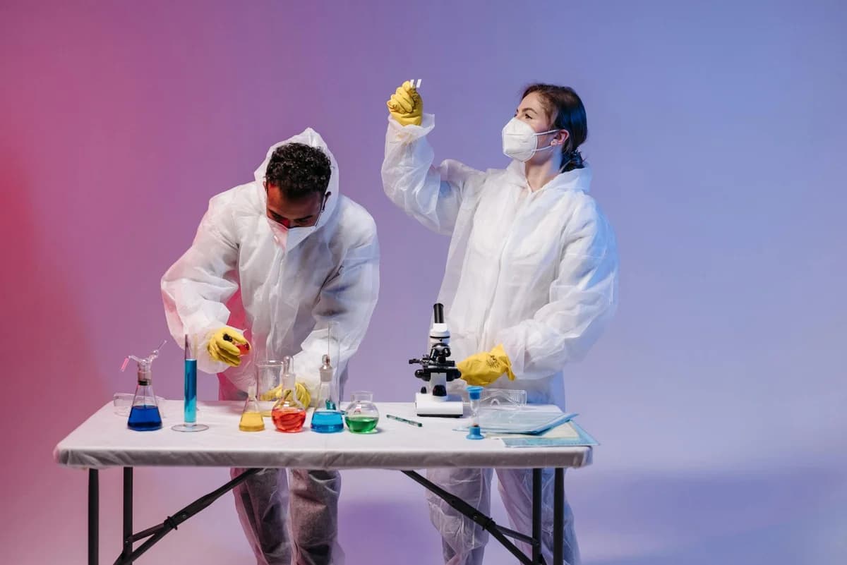 Vibrant glassware filled with colorful liquids in a laboratory setting.