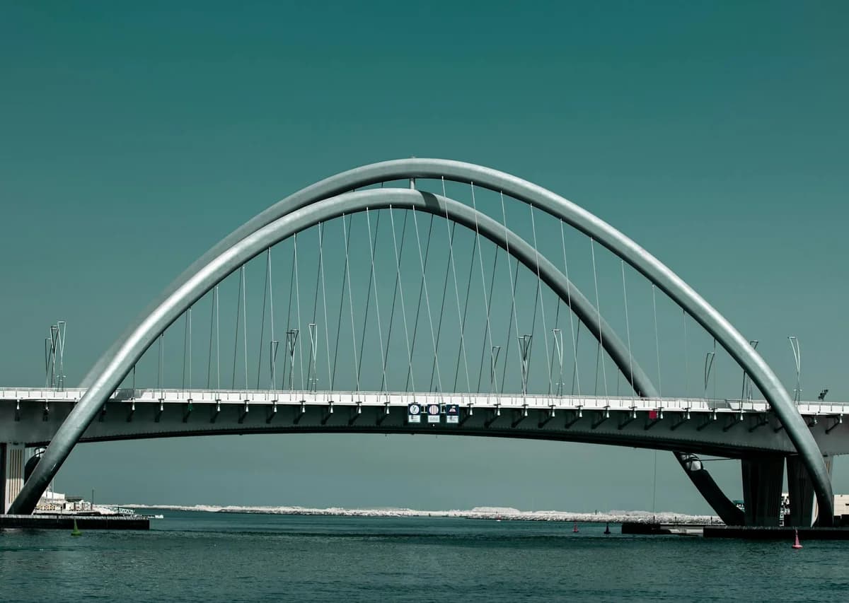 Modern arch bridge in Dubai, UAE, showcasing architectural elegance over a tranquil body of water.