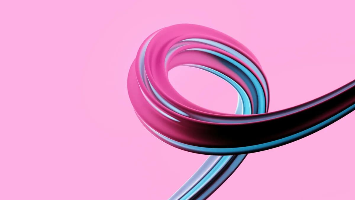 Colorful twisted 3D abstract art with vibrant pink and blue hues on a smooth background.