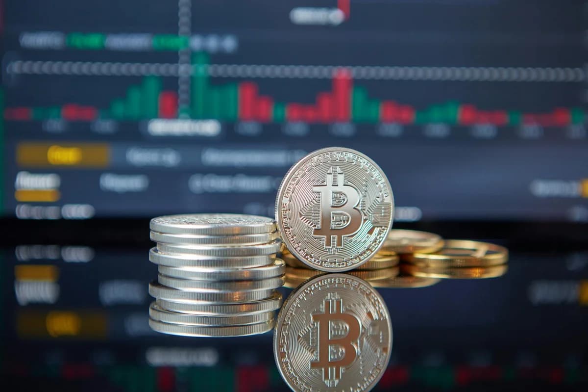 Stack of Bitcoin coins in front of a stock market graph, reflecting cryptocurrency trends.