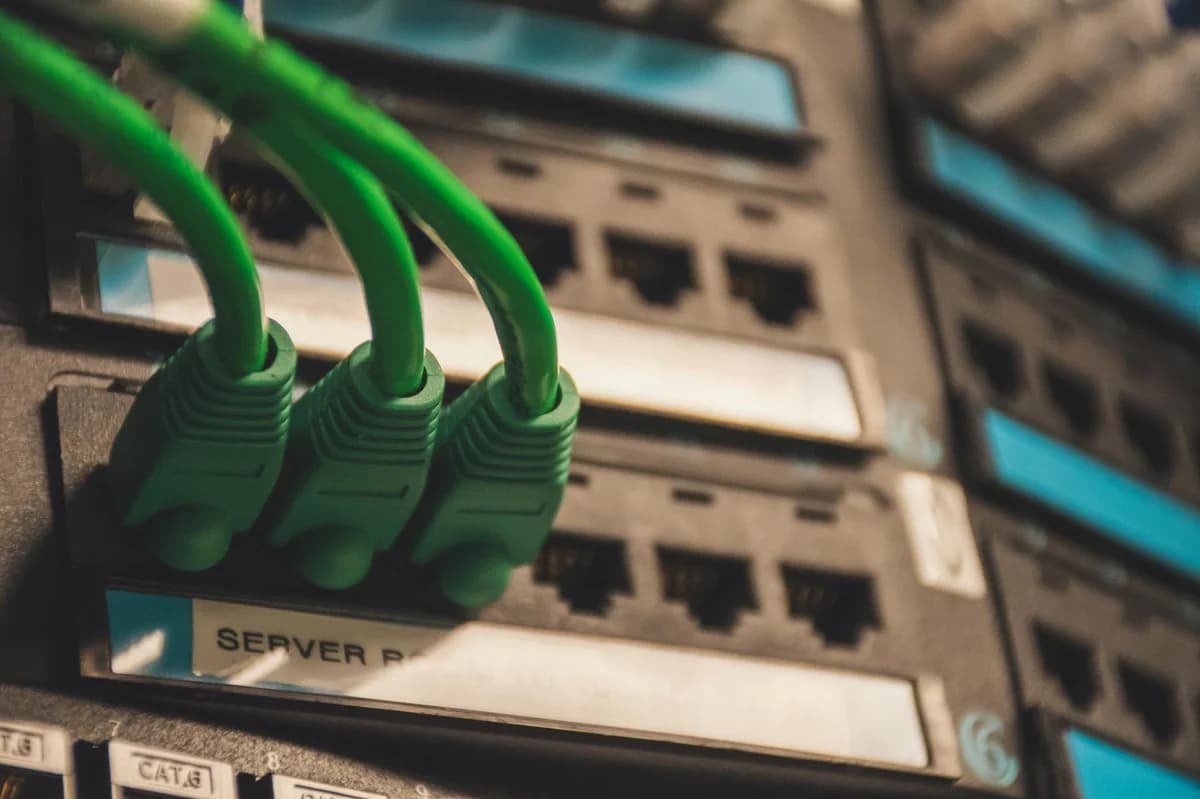 Numerous wires and cables mounted into server patch panel in modern data center