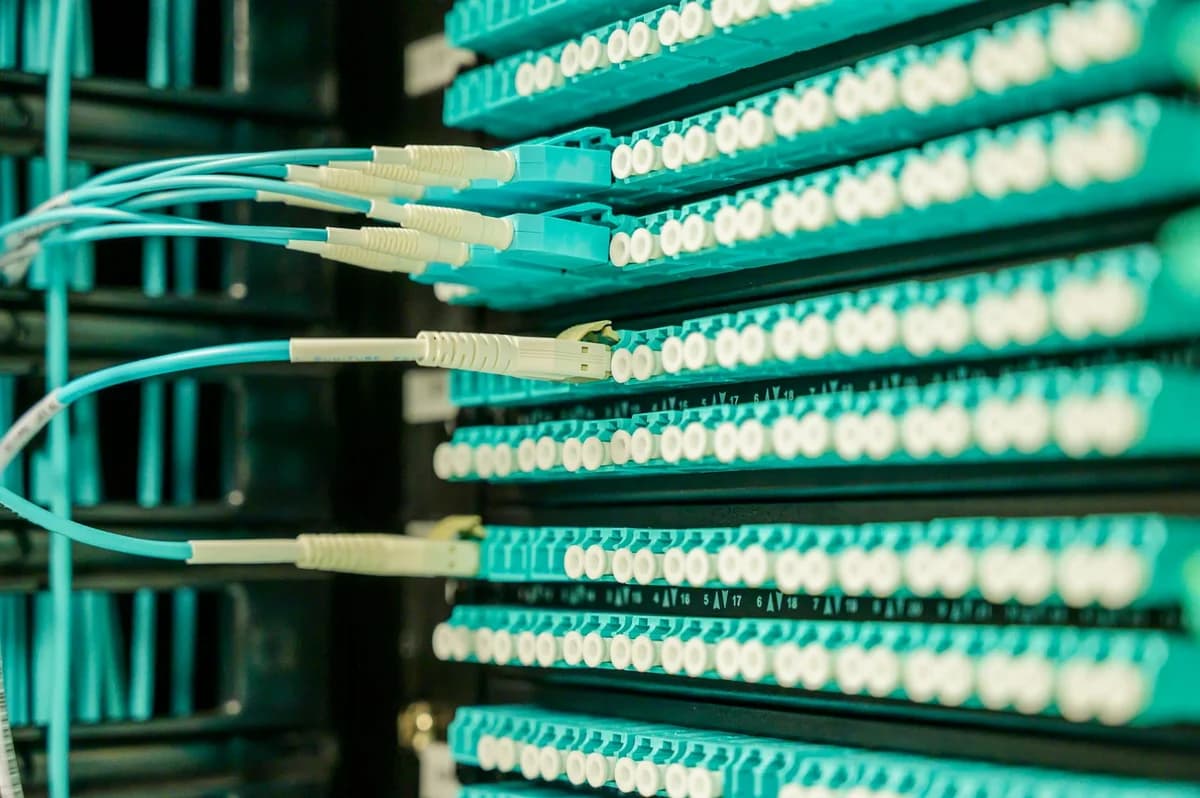 Detailed view of network cables plugged into a server rack in a data center.