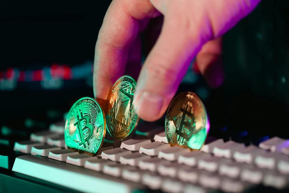 A hand holding cryptocurrency coins with a financial chart in the background, depicting market trends.