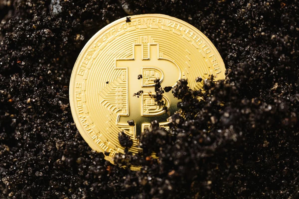 Close-up of a golden Bitcoin coin partially buried in soil, illustrating digital currency mining concept.