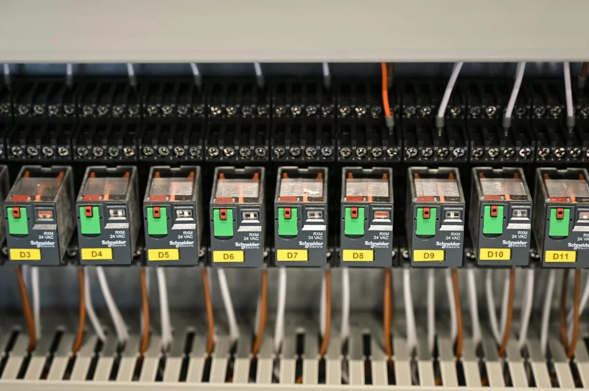 Technician wearing safety gear inspecting electrical panels in an industrial setting.