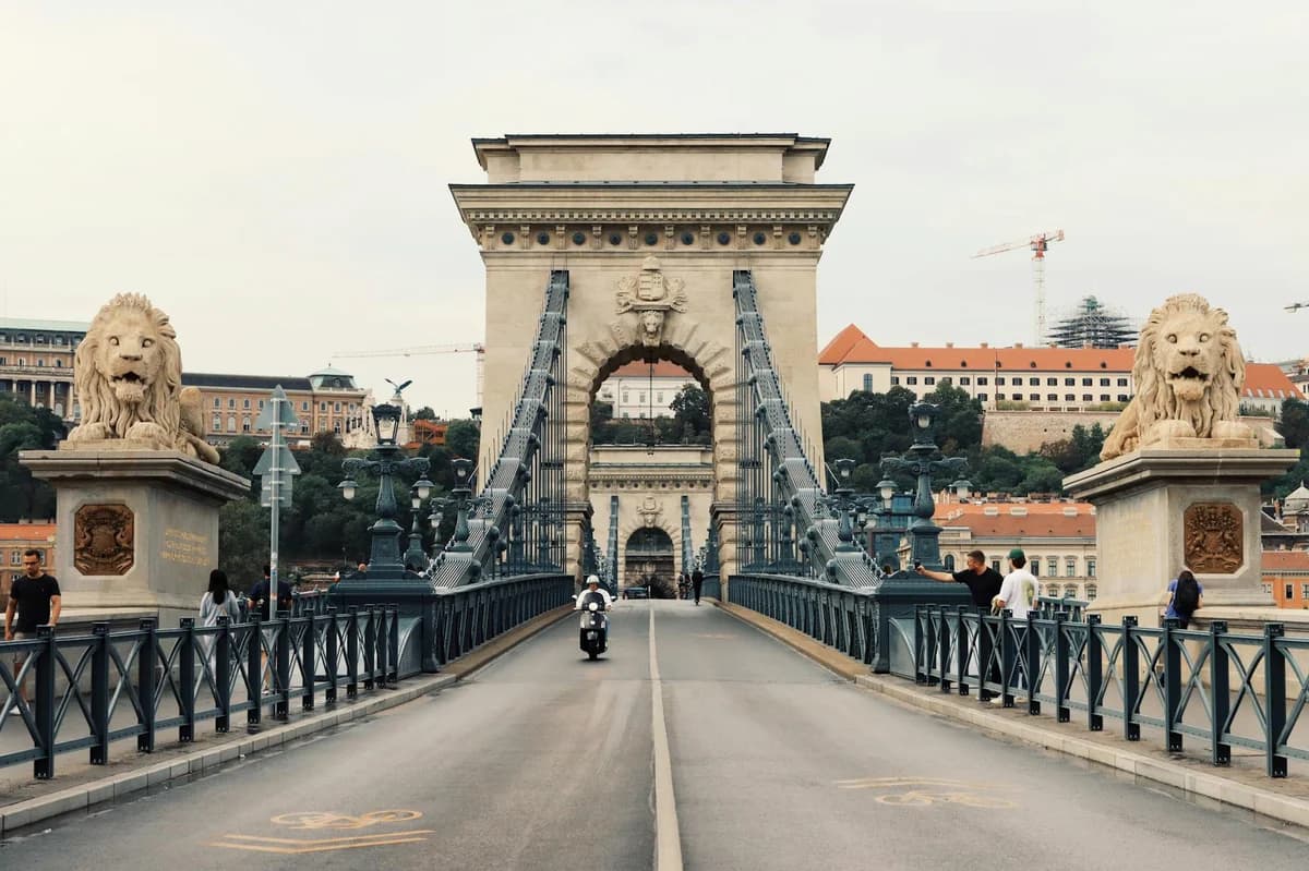 View of Szechenyi Chain Bridge over the Danube River in Budapest.