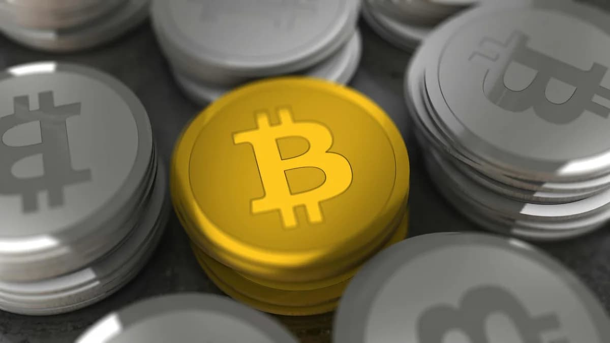 Golden Bitcoin coins spread across laptop keyboards showcasing digital currency and finance.
