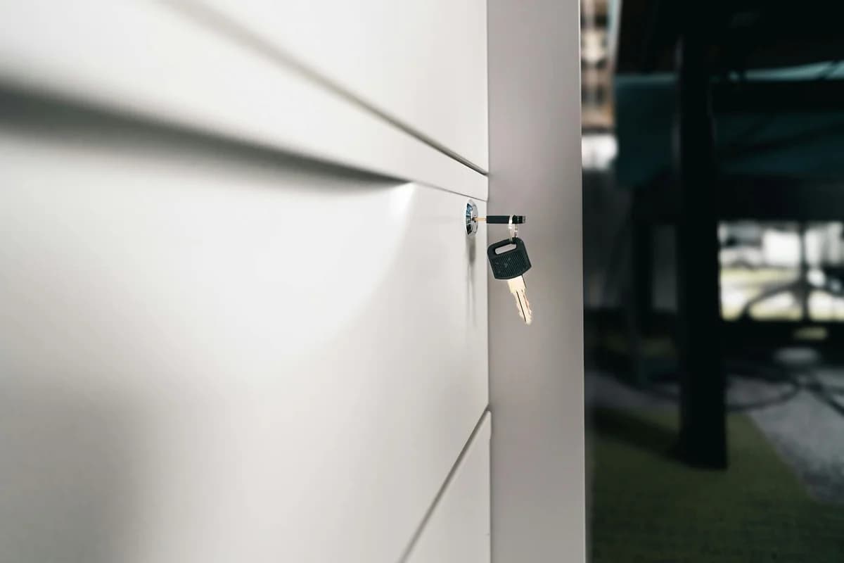 Close-up image of an electronic safe with a key in Baghdad, Iraq.