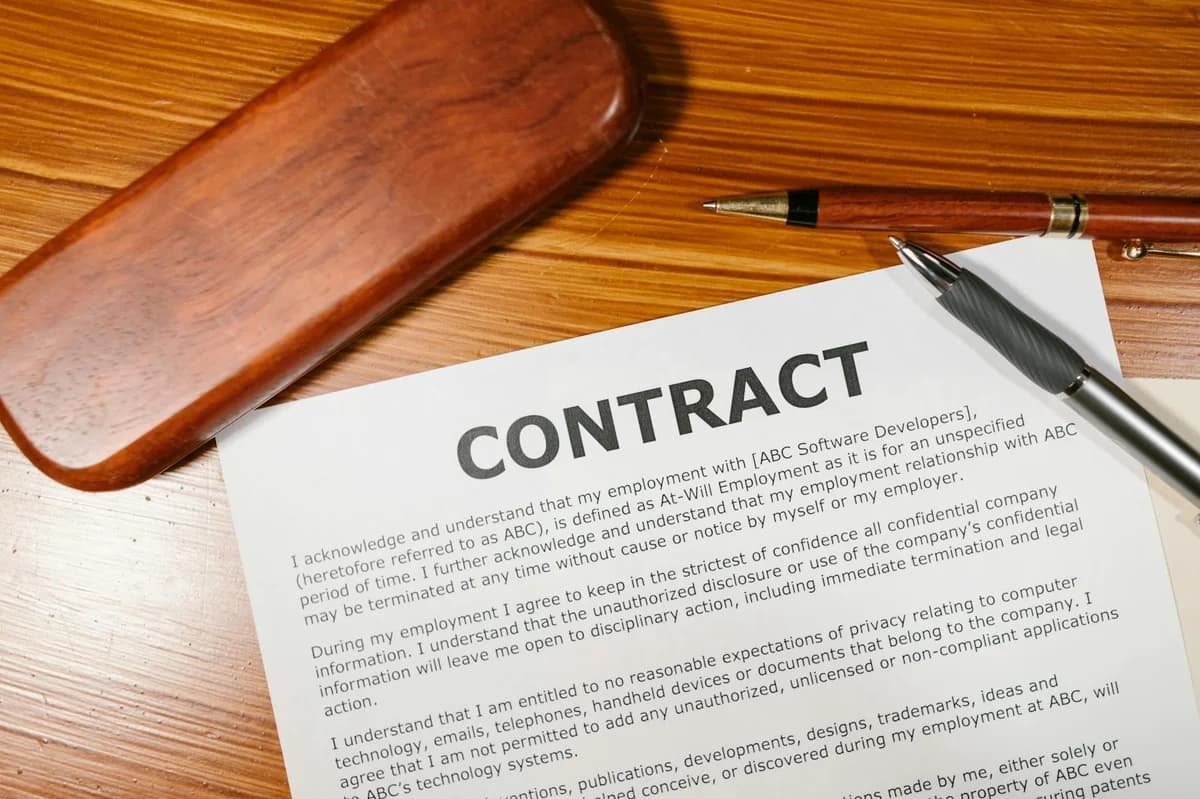 Close-up of contract papers with Scrabble tiles spelling 'CONTRACT'.