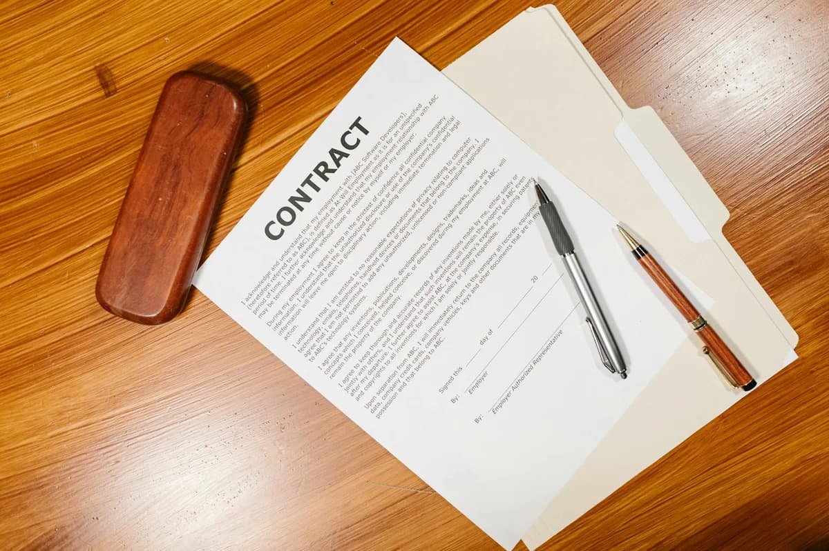 Close-up of a businesswoman signing a contract at her desk, with a laptop and book.