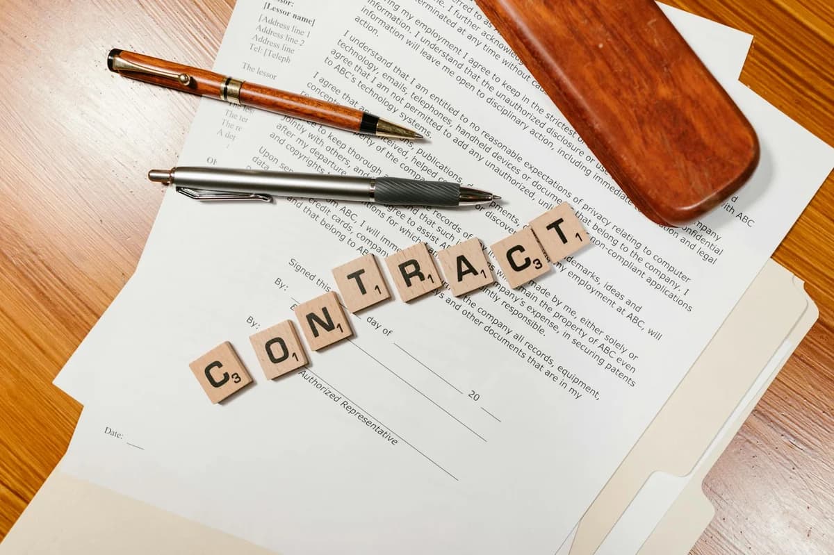 A detailed close-up of a printed contract document on a wooden table surface.