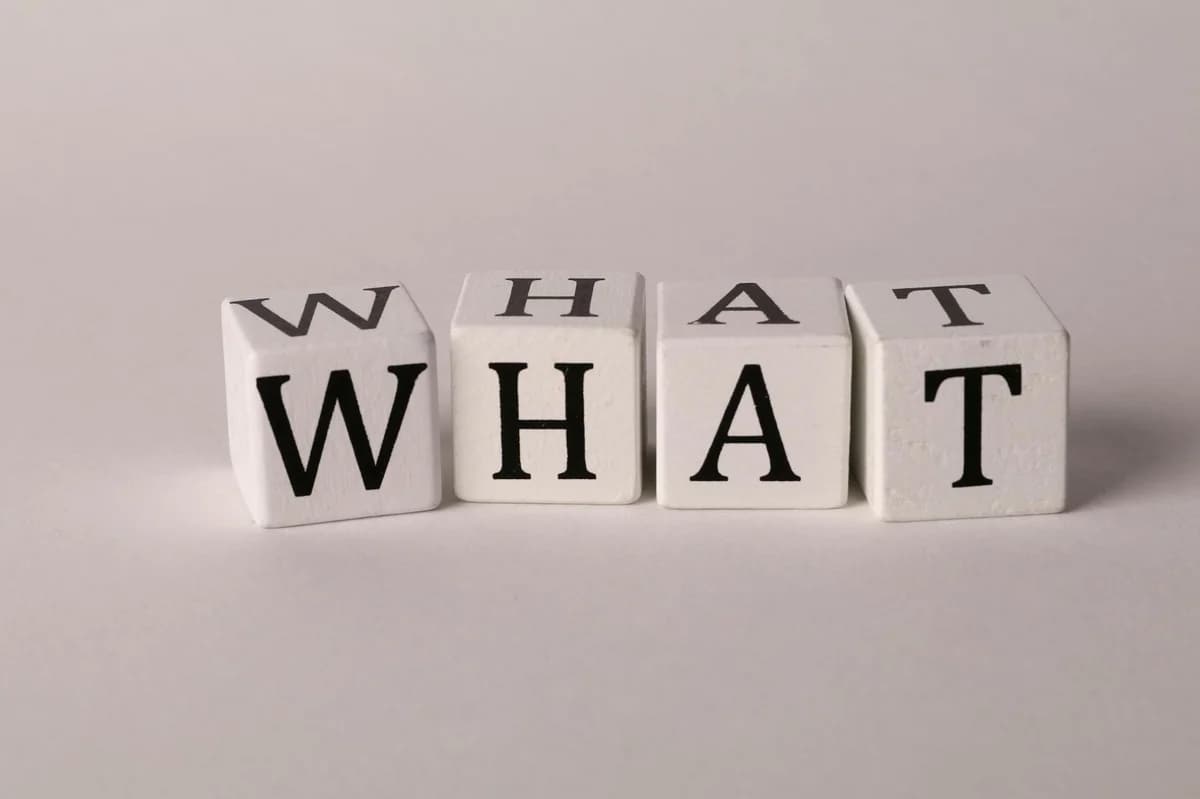Close-up of wooden blocks with letters spelling 'What' on a white background, emphasizing curiosity and inquiry.