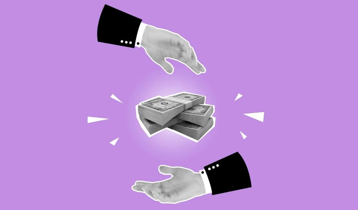 3D rendered illustration of a credit card, coins, and contract on a purple background.