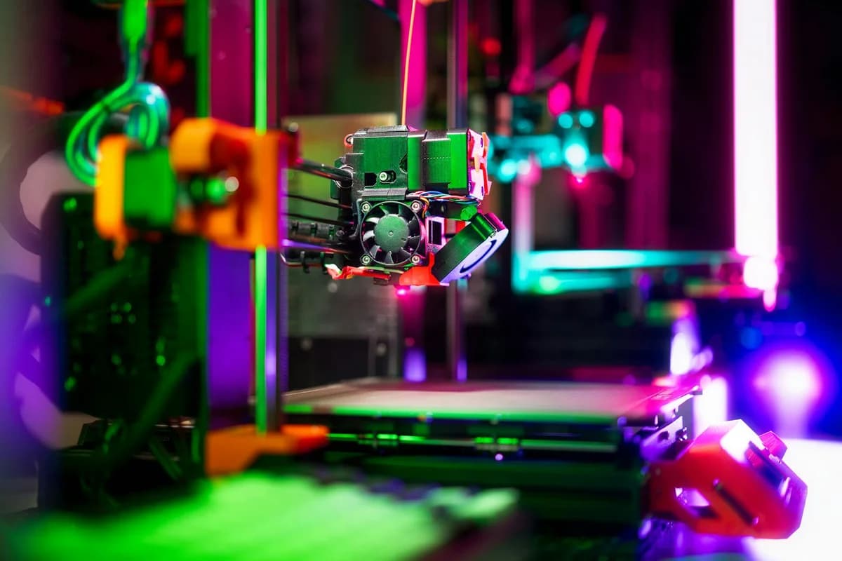 Detailed shot of a 3D printer creating an object, focusing on the cooling fan and print head.