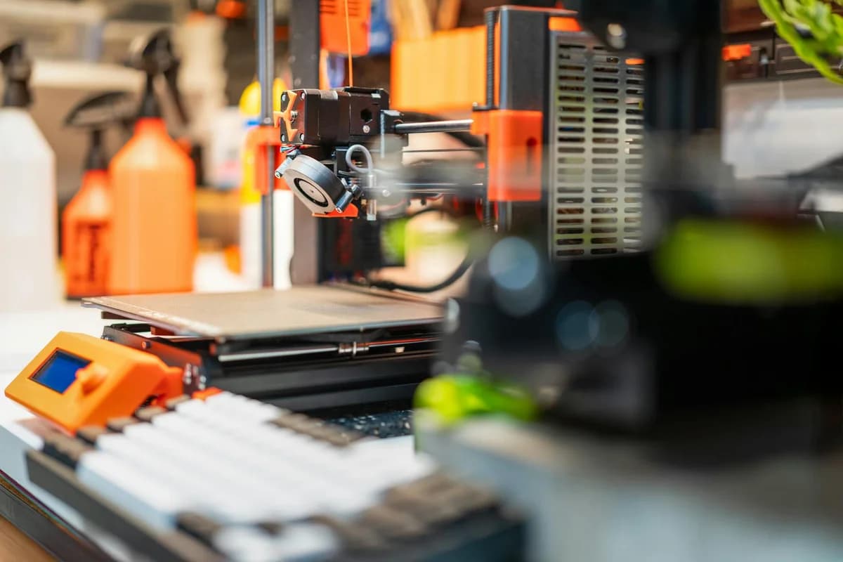 Close-up of a neon-colored 3D printer in a workshop, showcasing vibrant technology.