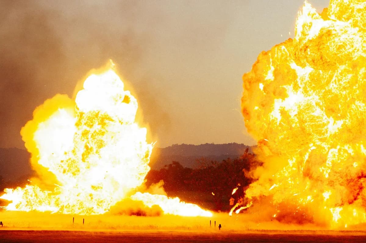 Powerful explosion with bright flames against an outdoor landscape, creating a dramatic visual impact.