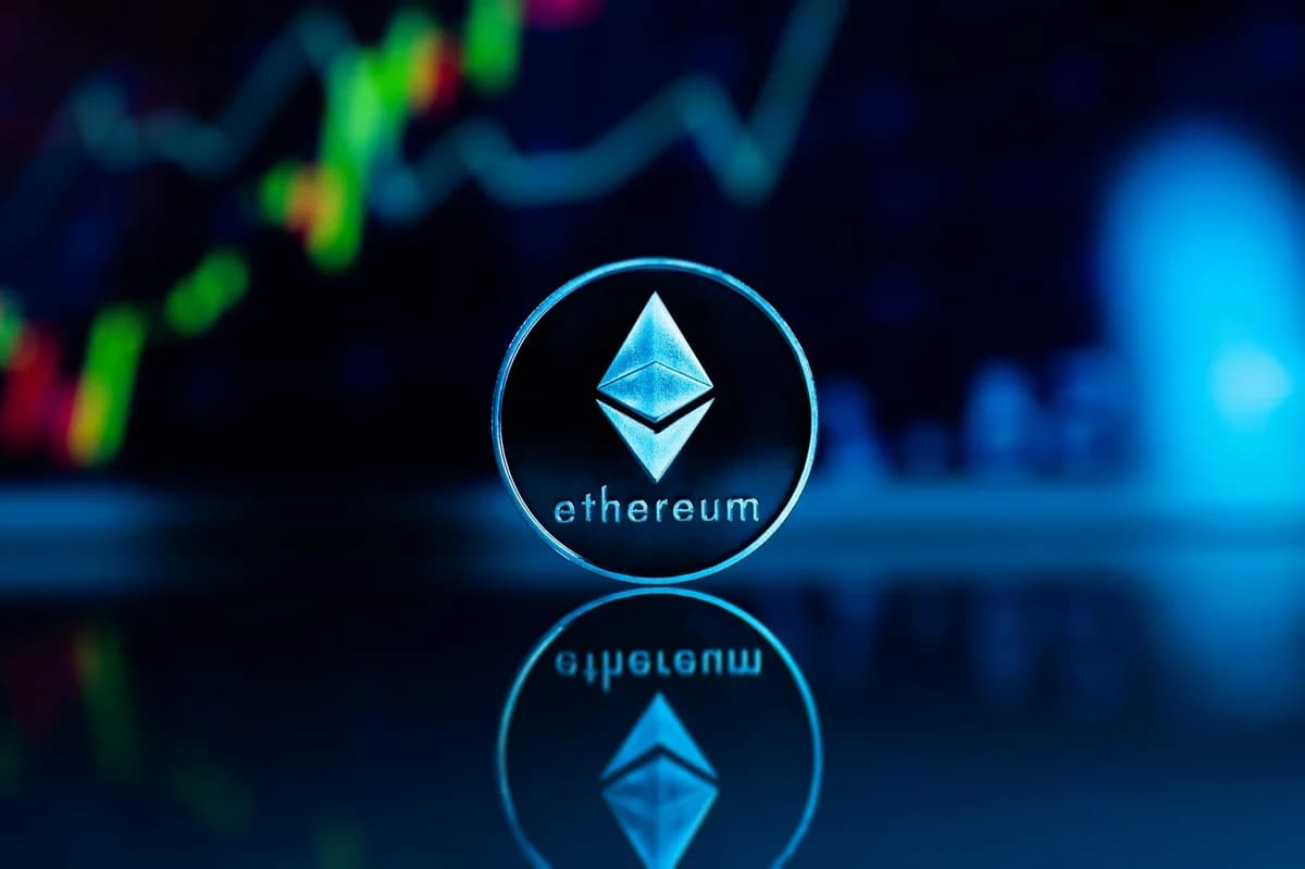 A shiny Ethereum coin displayed on a vibrant yellow background, symbolizing cryptocurrency.