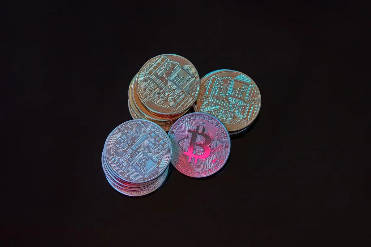 Image showcasing a selection of different cryptocurrency coins arranged on a neutral grey background.