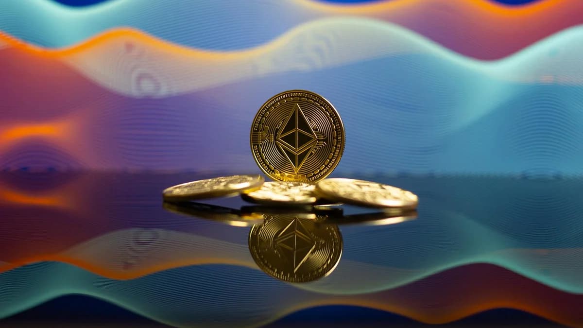 A close-up image of a Bitcoin coin reflecting on a shiny surface, highlighting cryptocurrency themes.