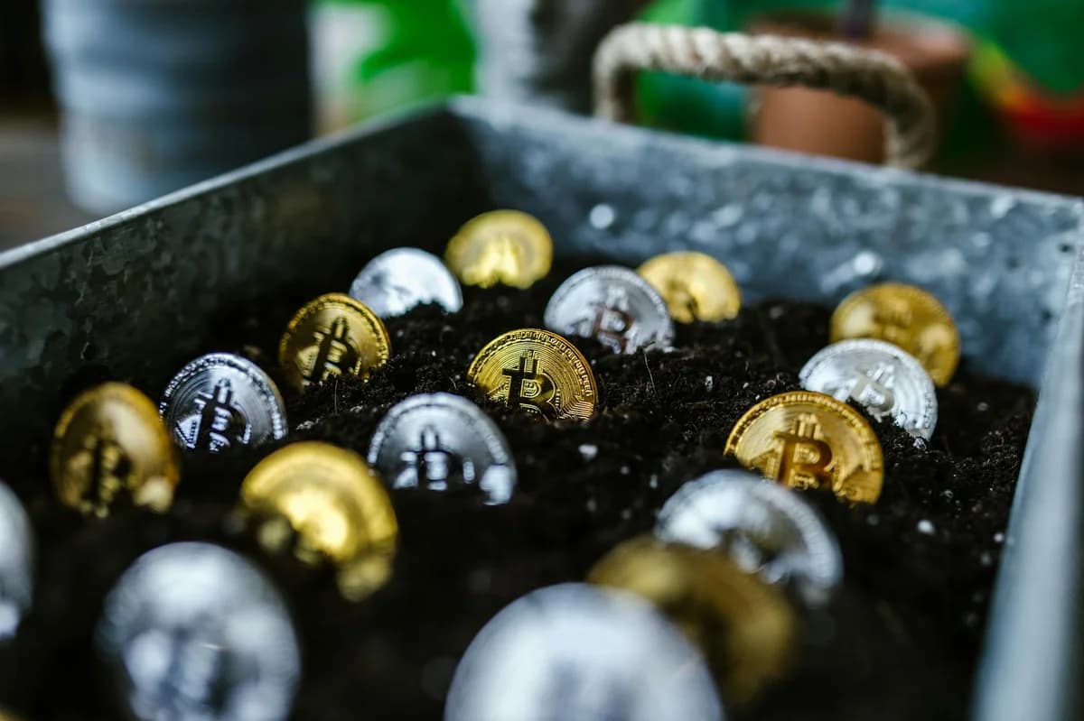 Golden Bitcoin partially buried in dark soil, symbolizing digital currency growth.